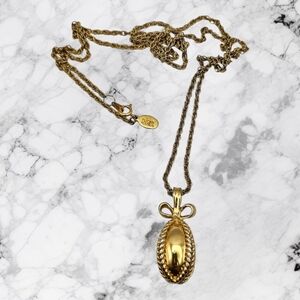 Vintage Joan Rivers Goldtone Ribbon Faberge Egg Necklace‎ 30" Long Easter